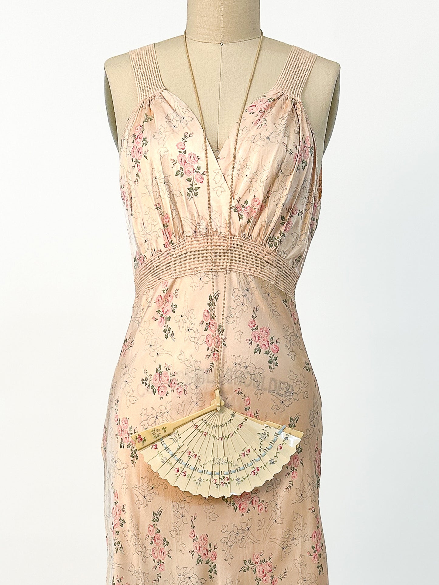 1940s Rayon Pretty Peach Slip with Blue Flowers / Waist 26