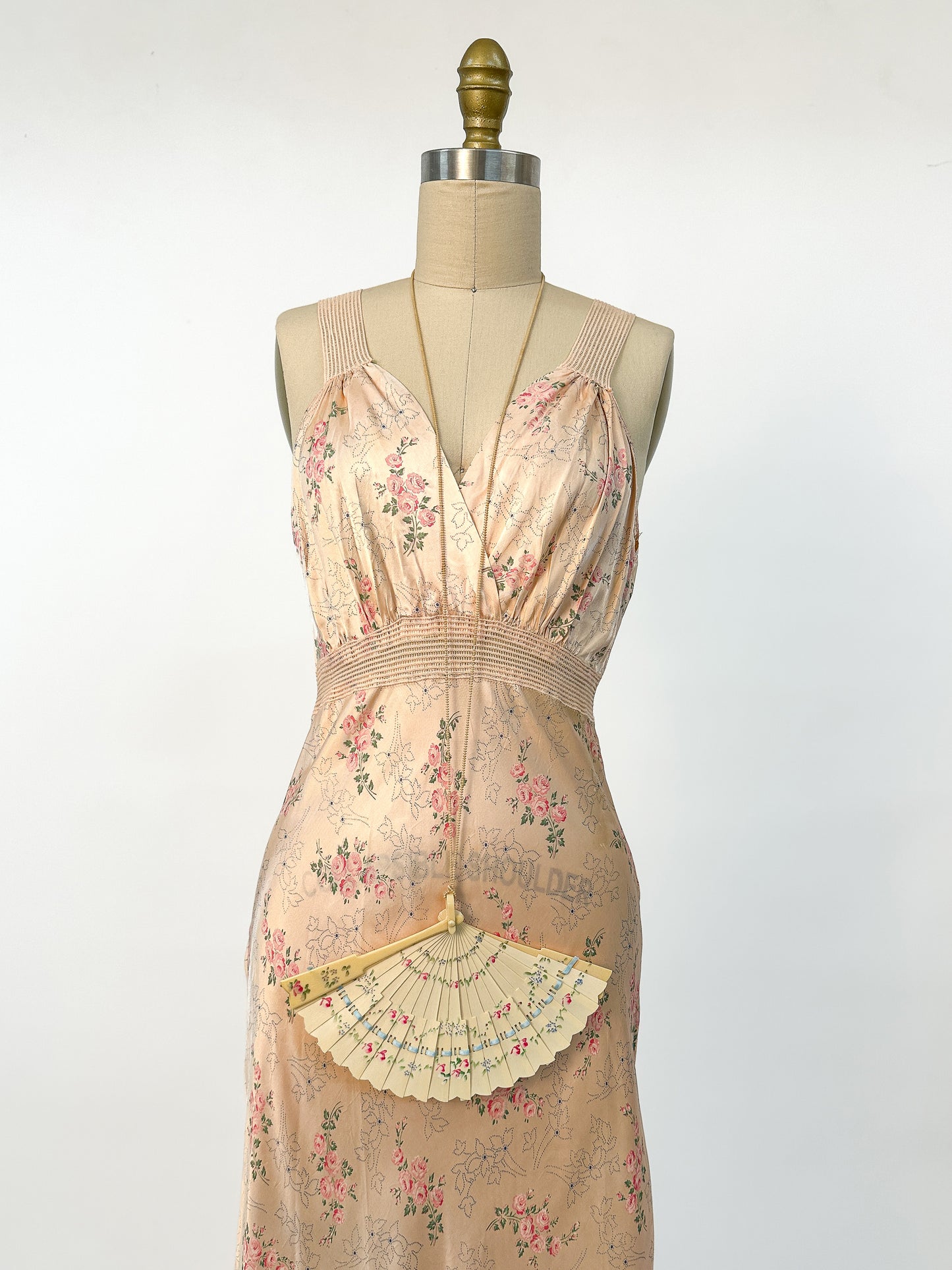 1940s Rayon Pretty Peach Slip with Blue Flowers / Waist 26