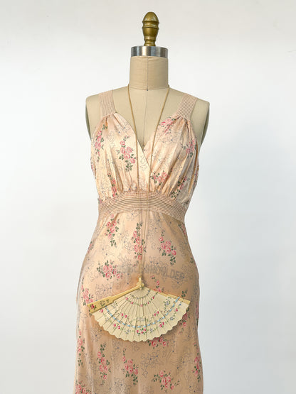 1940s Rayon Pretty Peach Slip with Blue Flowers / Waist 26