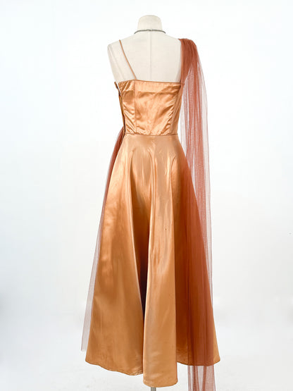 1950s Ultra Glamorous Bronze Liquid Satin Dress with Tulle Sash by Emma Domb / Waist 26