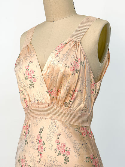1940s Rayon Pretty Peach Slip with Blue Flowers / Waist 26