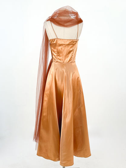 1950s Ultra Glamorous Bronze Liquid Satin Dress with Tulle Sash by Emma Domb / Waist 26