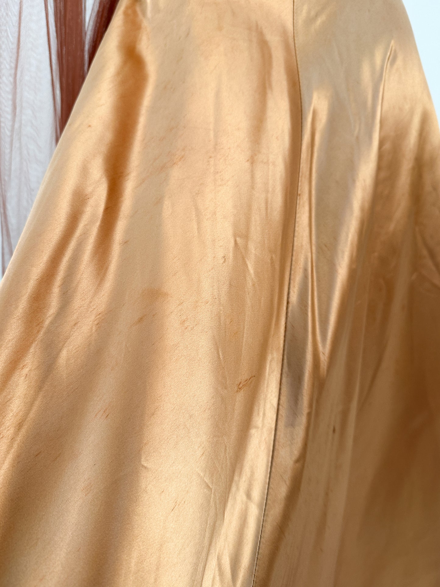 1950s Ultra Glamorous Bronze Liquid Satin Dress with Tulle Sash by Emma Domb / Waist 26