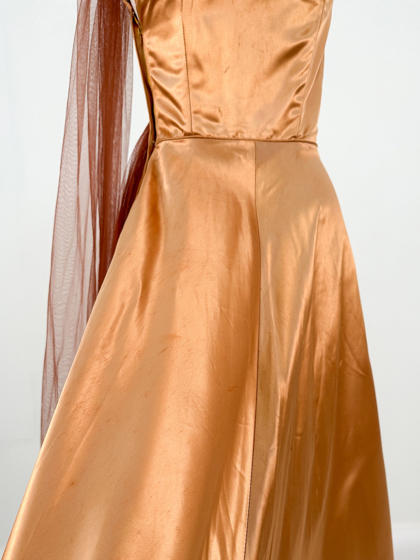 1950s Ultra Glamorous Bronze Liquid Satin Dress with Tulle Sash by Emma Domb / Waist 26