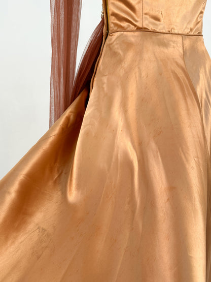1950s Ultra Glamorous Bronze Liquid Satin Dress with Tulle Sash by Emma Domb / Waist 26