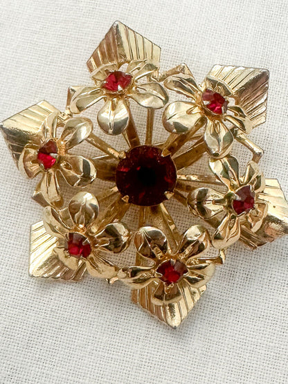 1950s Ruby Floral Brooch