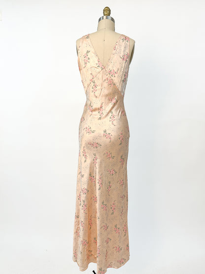 1940s Rayon Pretty Peach Slip with Blue Flowers / Waist 26