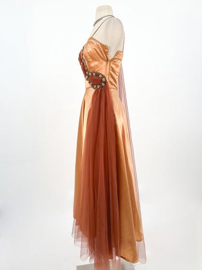 1950s Ultra Glamorous Bronze Liquid Satin Dress with Tulle Sash by Emma Domb / Waist 26