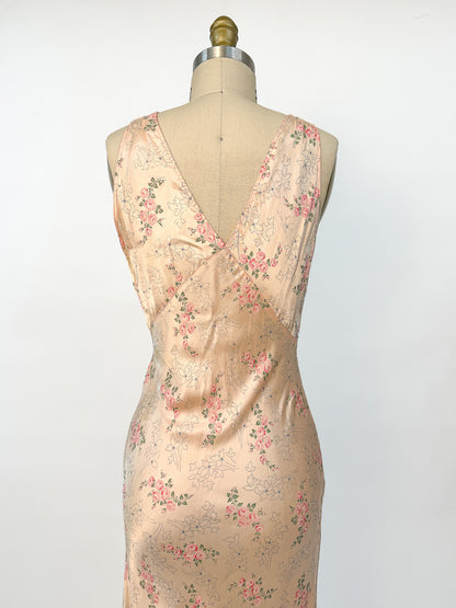 1940s Rayon Pretty Peach Slip with Blue Flowers / Waist 26