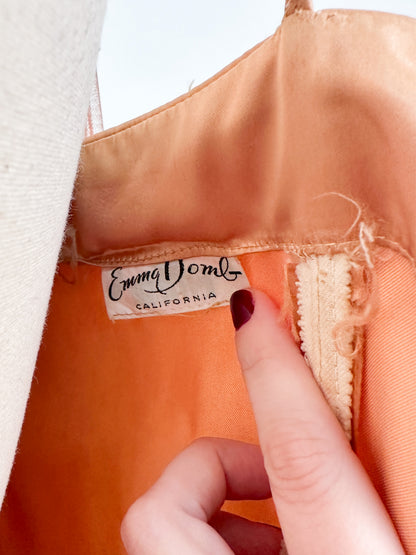 1950s Ultra Glamorous Bronze Liquid Satin Dress with Tulle Sash by Emma Domb / Waist 26