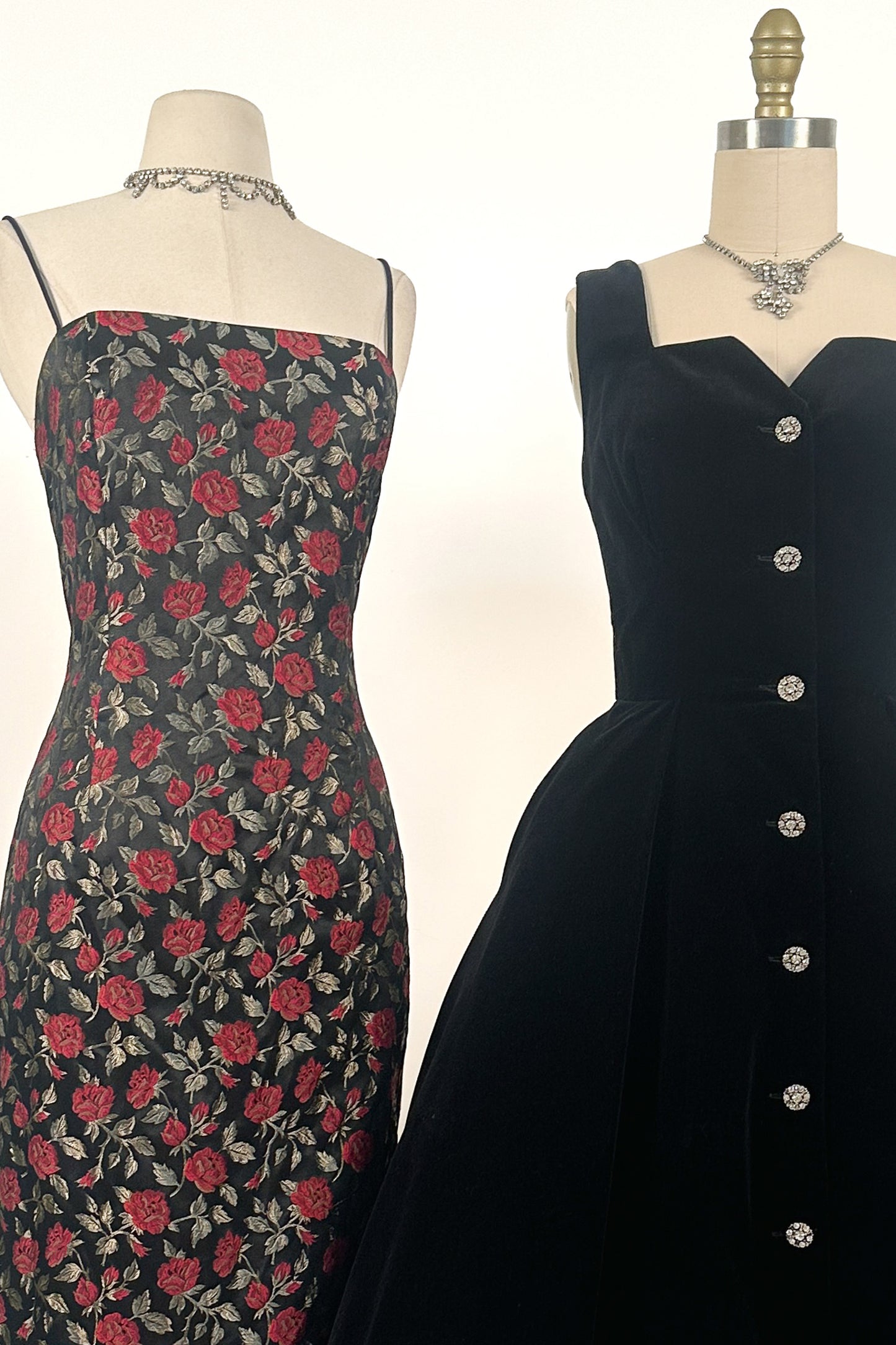 1950s Black Velvet Fit-and-Flare with Rhinestone Buttons / Waist 24