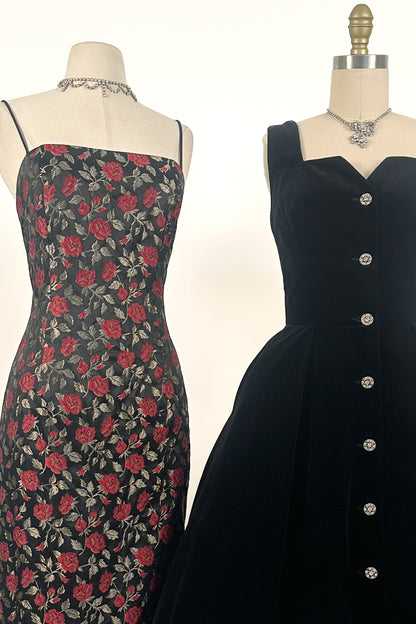 1990s Rose Print Evening Dress with Bustle / Waist 28