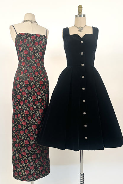 1990s Rose Print Evening Dress with Bustle / Waist 28