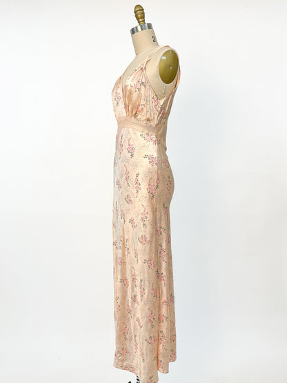 1940s Rayon Pretty Peach Slip with Blue Flowers / Waist 26