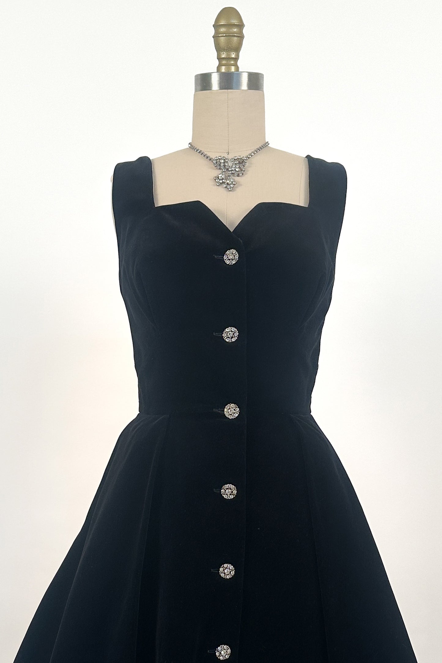 1950s Black Velvet Fit-and-Flare with Rhinestone Buttons / Waist 24