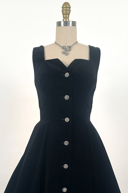 1950s Black Velvet Fit-and-Flare with Rhinestone Buttons / Waist 24
