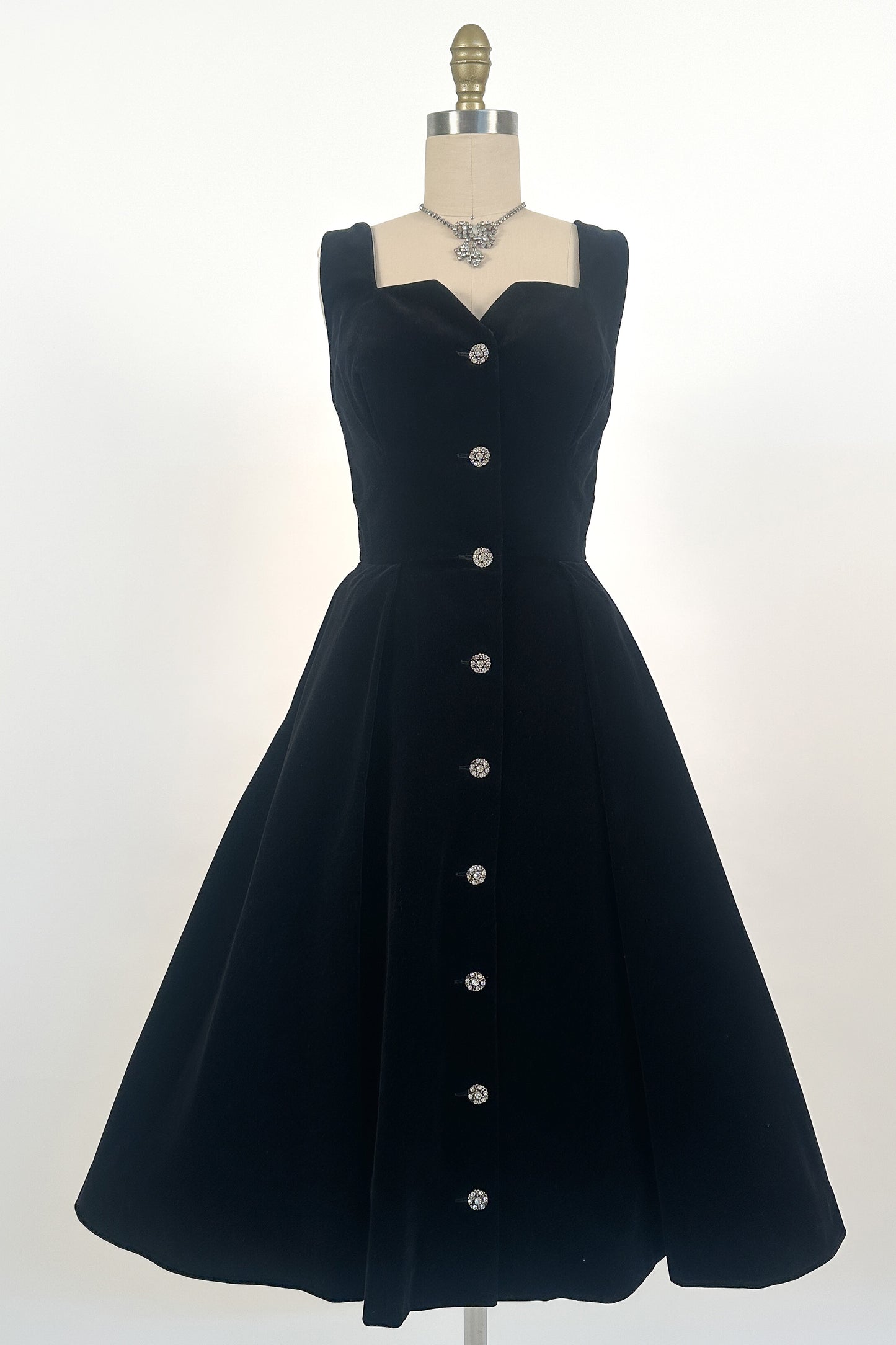 1950s Black Velvet Fit-and-Flare with Rhinestone Buttons / Waist 24