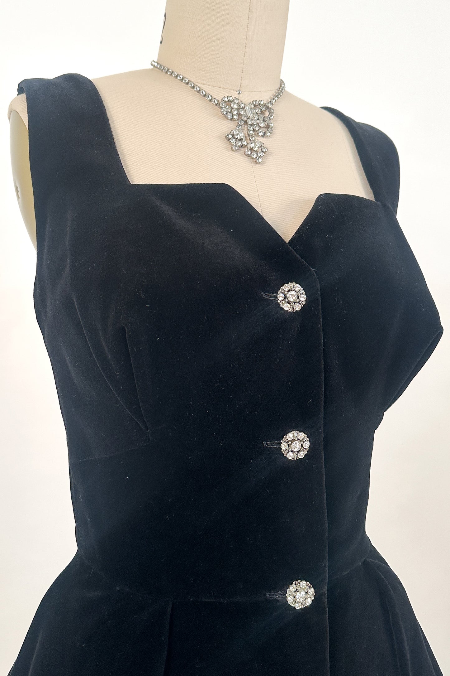 1950s Black Velvet Fit-and-Flare with Rhinestone Buttons / Waist 24