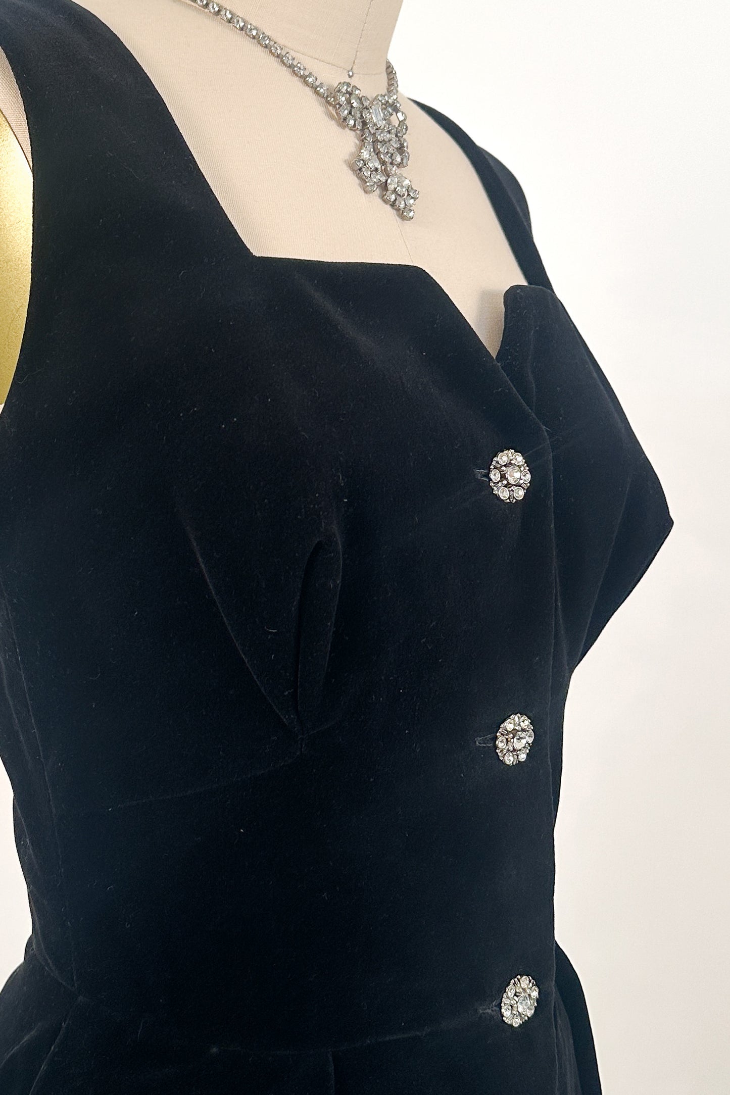 1950s Black Velvet Fit-and-Flare with Rhinestone Buttons / Waist 24