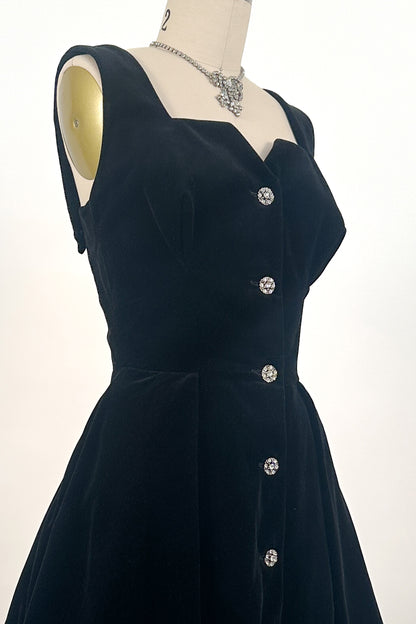 1950s Black Velvet Fit-and-Flare with Rhinestone Buttons / Waist 24