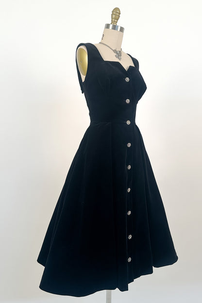 1950s Black Velvet Fit-and-Flare with Rhinestone Buttons / Waist 24