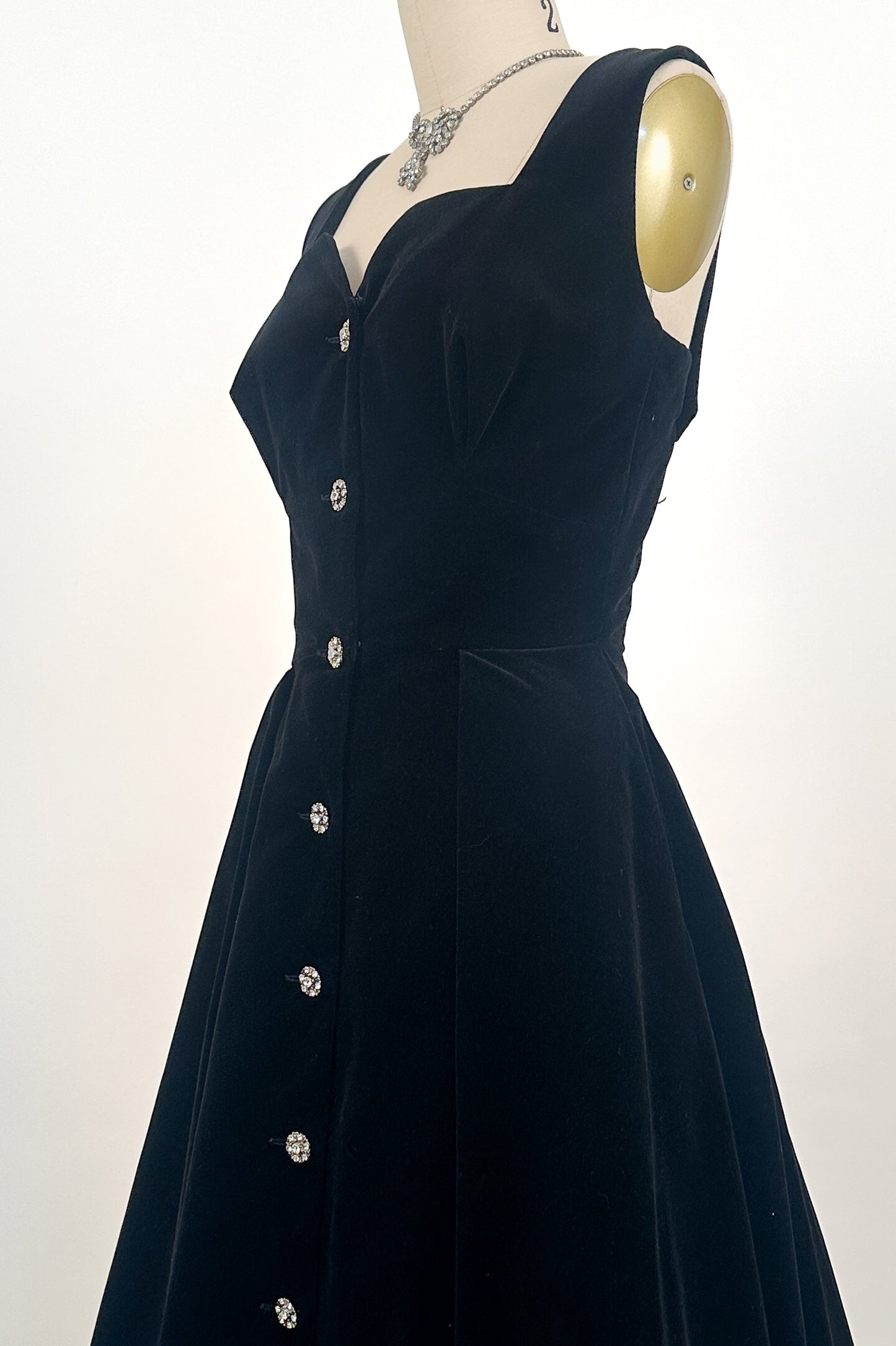 1950s Black Velvet Fit-and-Flare with Rhinestone Buttons / Waist 24