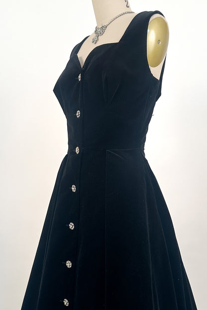 1950s Black Velvet Fit-and-Flare with Rhinestone Buttons / Waist 24