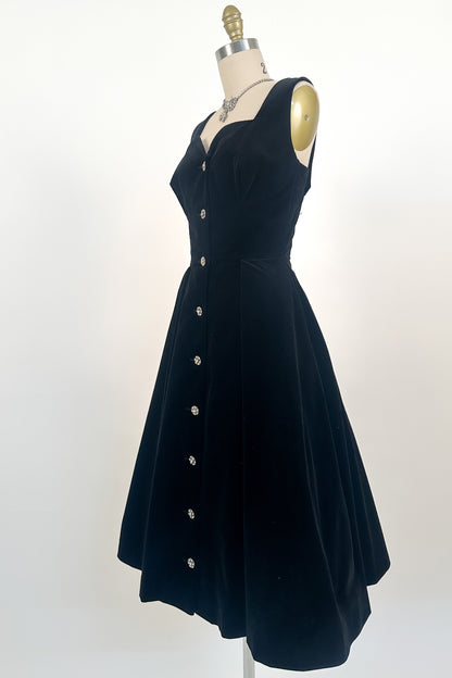 1950s Black Velvet Fit-and-Flare with Rhinestone Buttons / Waist 24