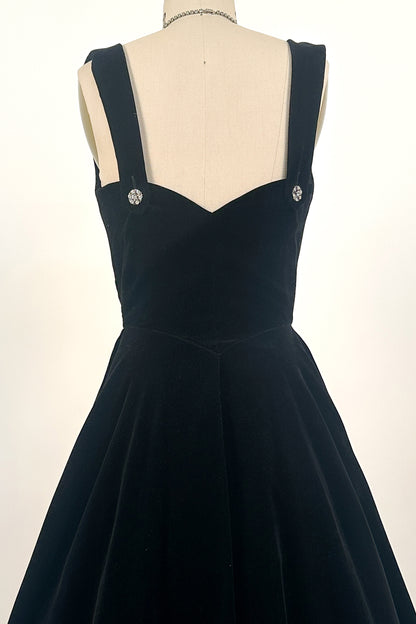 1950s Black Velvet Fit-and-Flare with Rhinestone Buttons / Waist 24