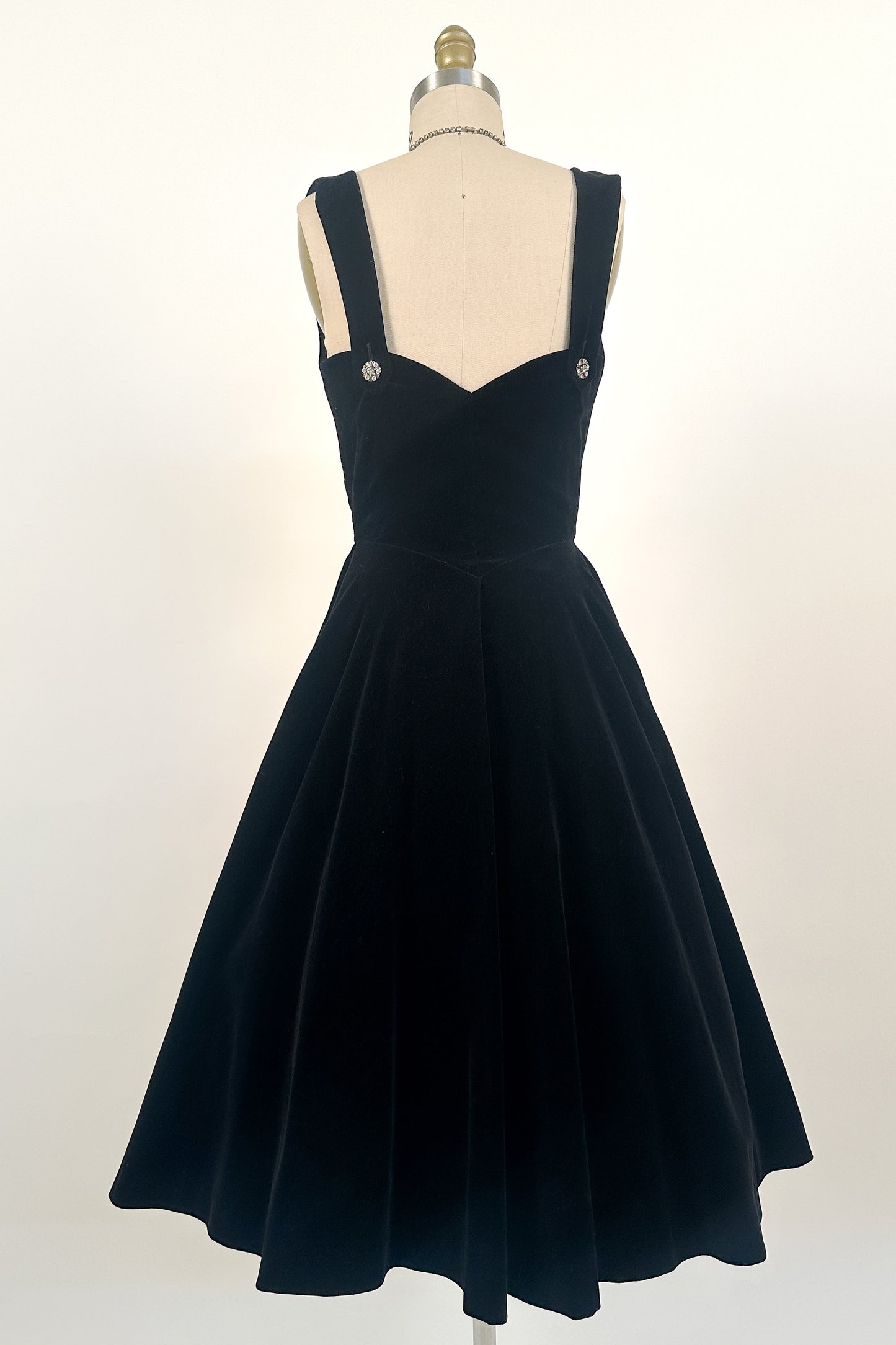 1950s Black Velvet Fit-and-Flare with Rhinestone Buttons / Waist 24