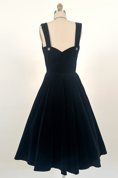 1950s Black Velvet Fit-and-Flare with Rhinestone Buttons / Waist 24