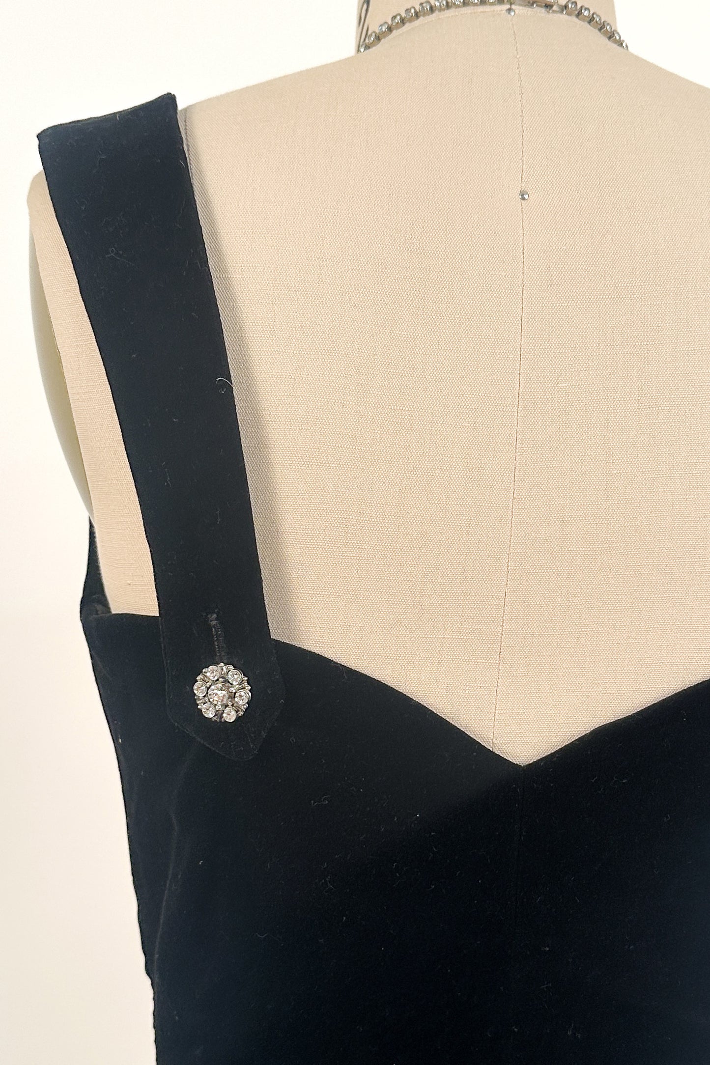 1950s Black Velvet Fit-and-Flare with Rhinestone Buttons / Waist 24
