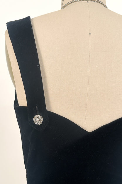 1950s Black Velvet Fit-and-Flare with Rhinestone Buttons / Waist 24