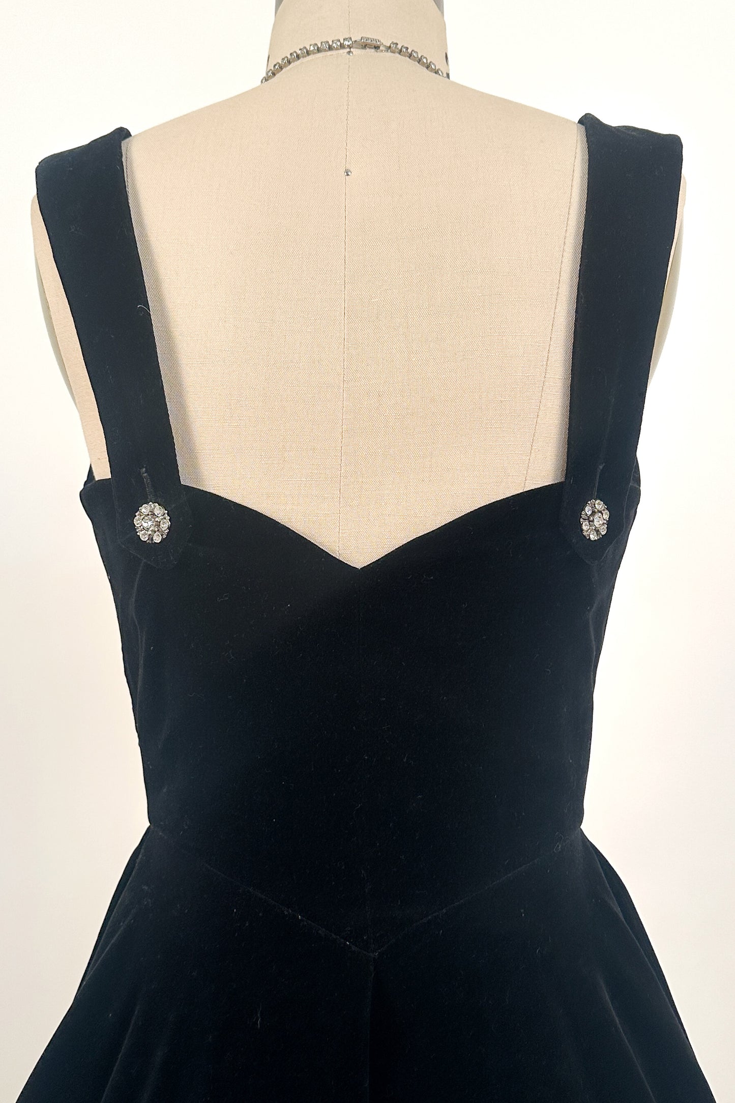 1950s Black Velvet Fit-and-Flare with Rhinestone Buttons / Waist 24