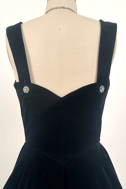 1950s Black Velvet Fit-and-Flare with Rhinestone Buttons / Waist 24