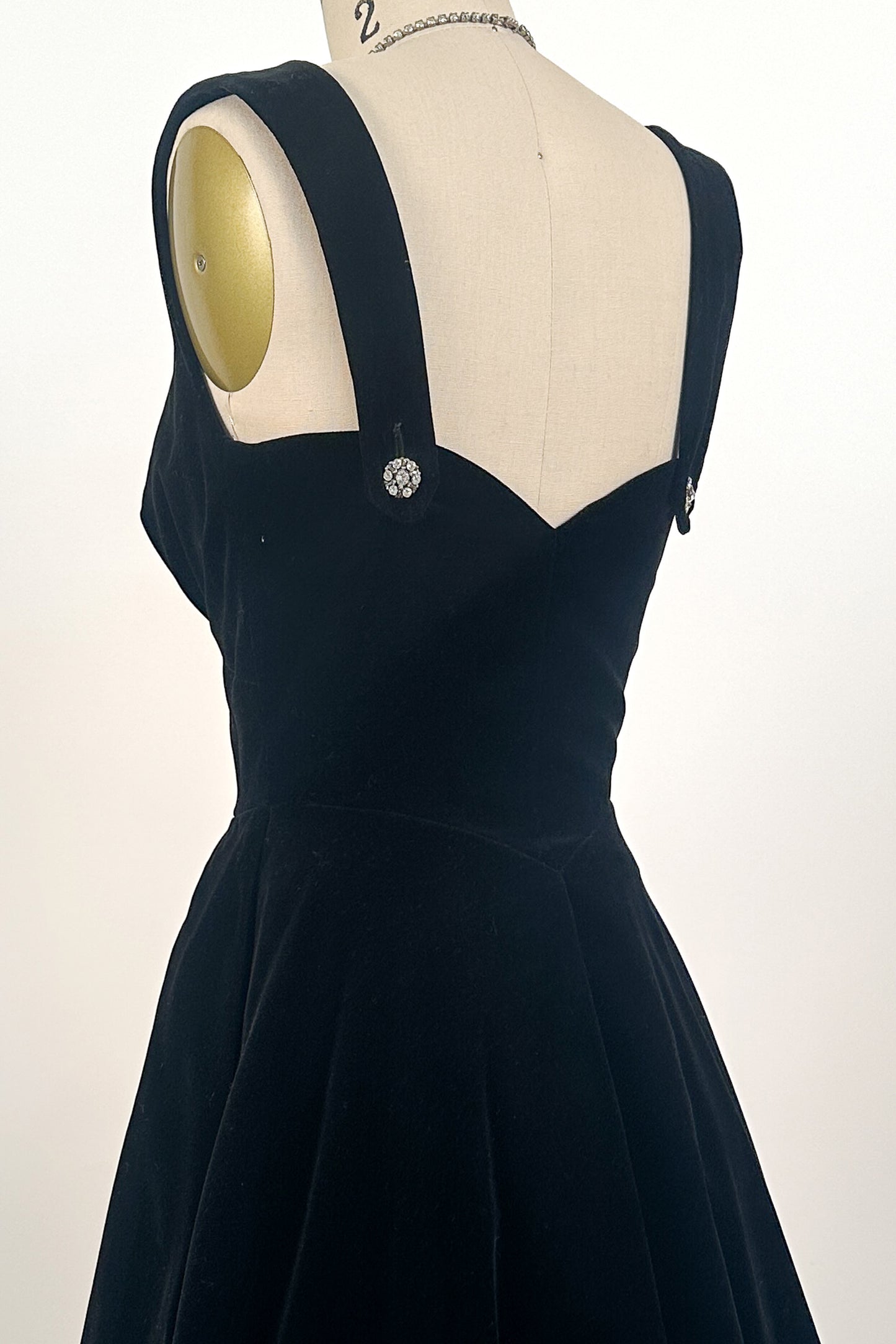 1950s Black Velvet Fit-and-Flare with Rhinestone Buttons / Waist 24