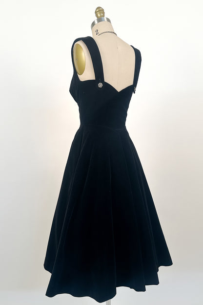 1950s Black Velvet Fit-and-Flare with Rhinestone Buttons / Waist 24