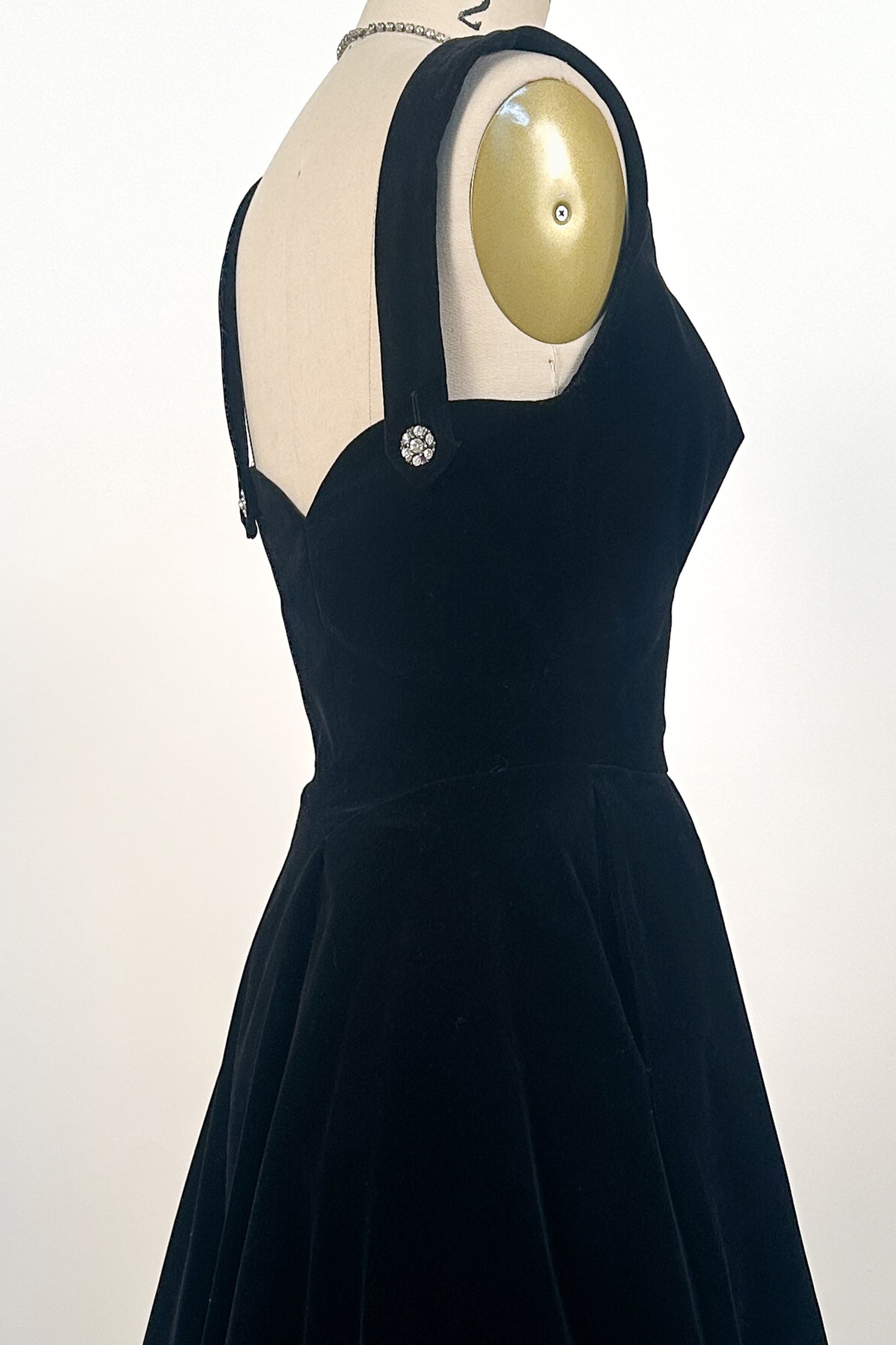 1950s Black Velvet Fit-and-Flare with Rhinestone Buttons / Waist 24