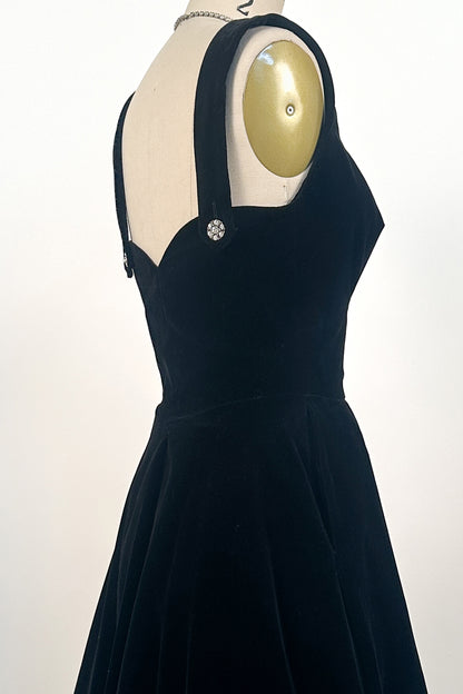 1950s Black Velvet Fit-and-Flare with Rhinestone Buttons / Waist 24