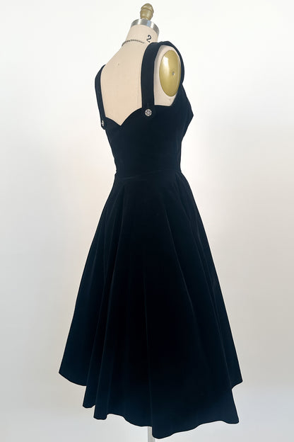 1950s Black Velvet Fit-and-Flare with Rhinestone Buttons / Waist 24