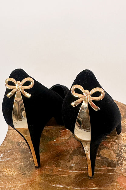 1980s Velvet Pumps with Gold Bow Details / Size 8