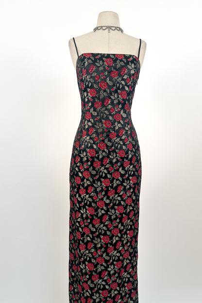 1990s Rose Print Evening Dress with Bustle / Waist 28