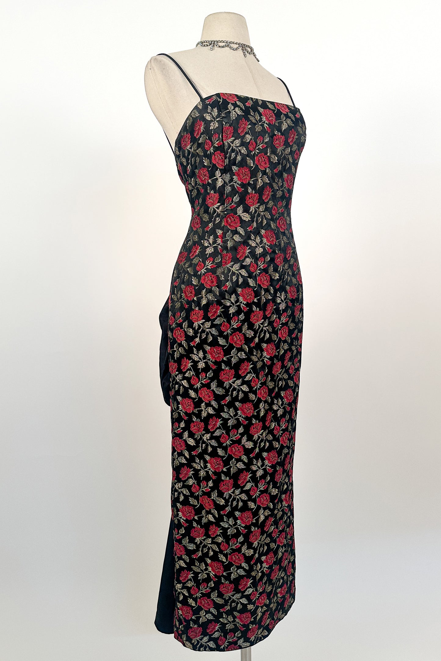 1990s Rose Print Evening Dress with Bustle / Waist 28