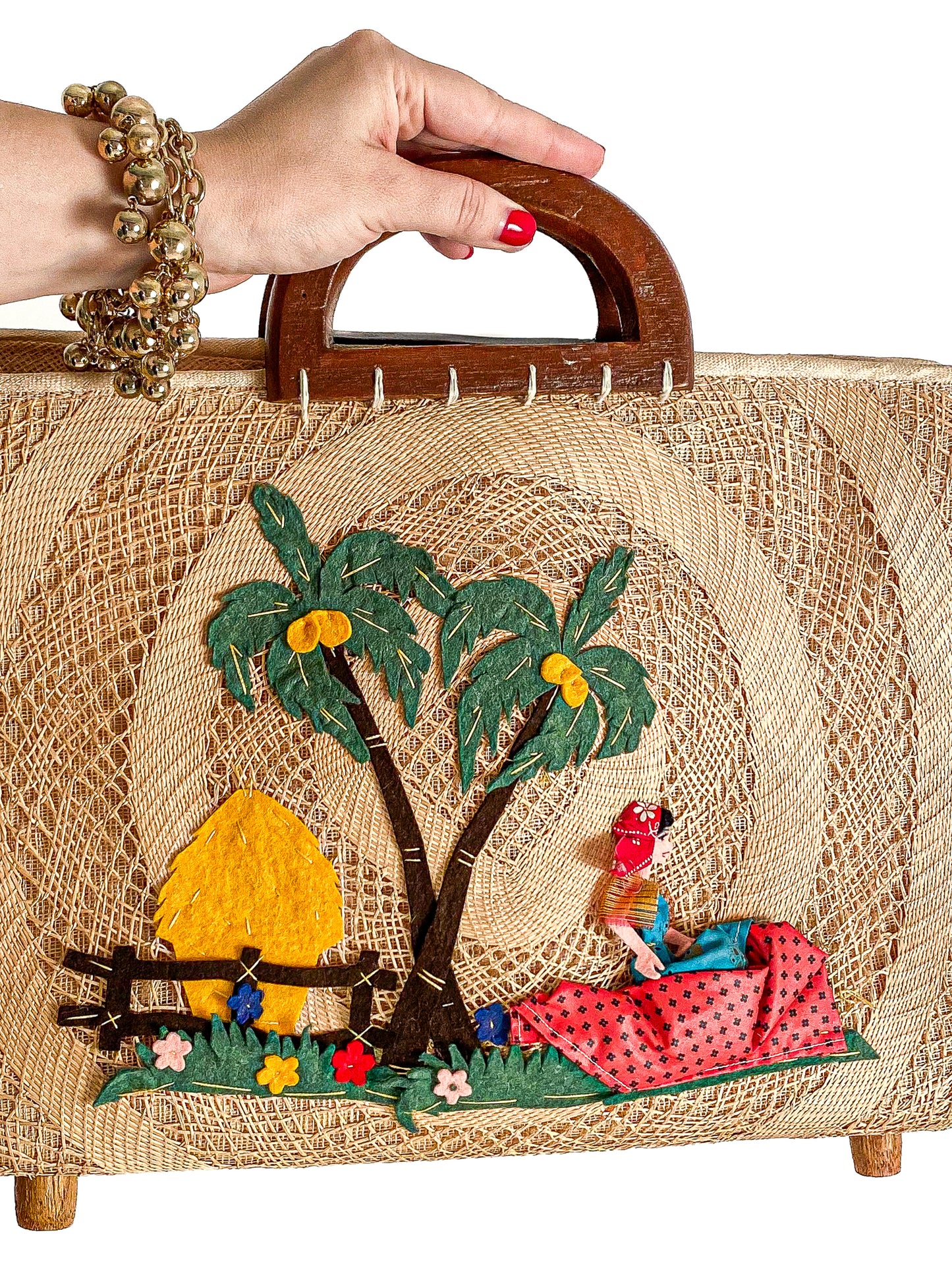 1940-50s Straw Bag Novelty Travel Scene with Felt Palm Trees and Lady