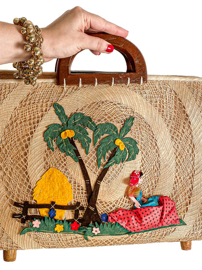 1940-50s Straw Bag Novelty Travel Scene with Felt Palm Trees and Lady