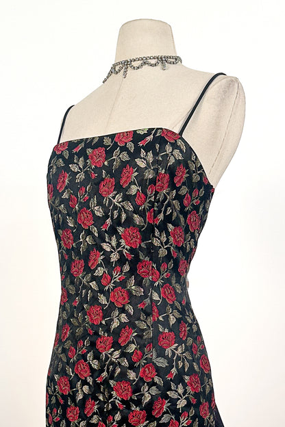1990s Rose Print Evening Dress with Bustle / Waist 28