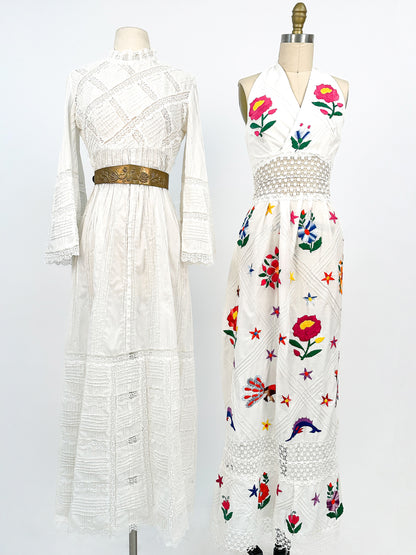 1960-70s White Cotton and Lace Maxi with Bell Sleeves / Waist 30