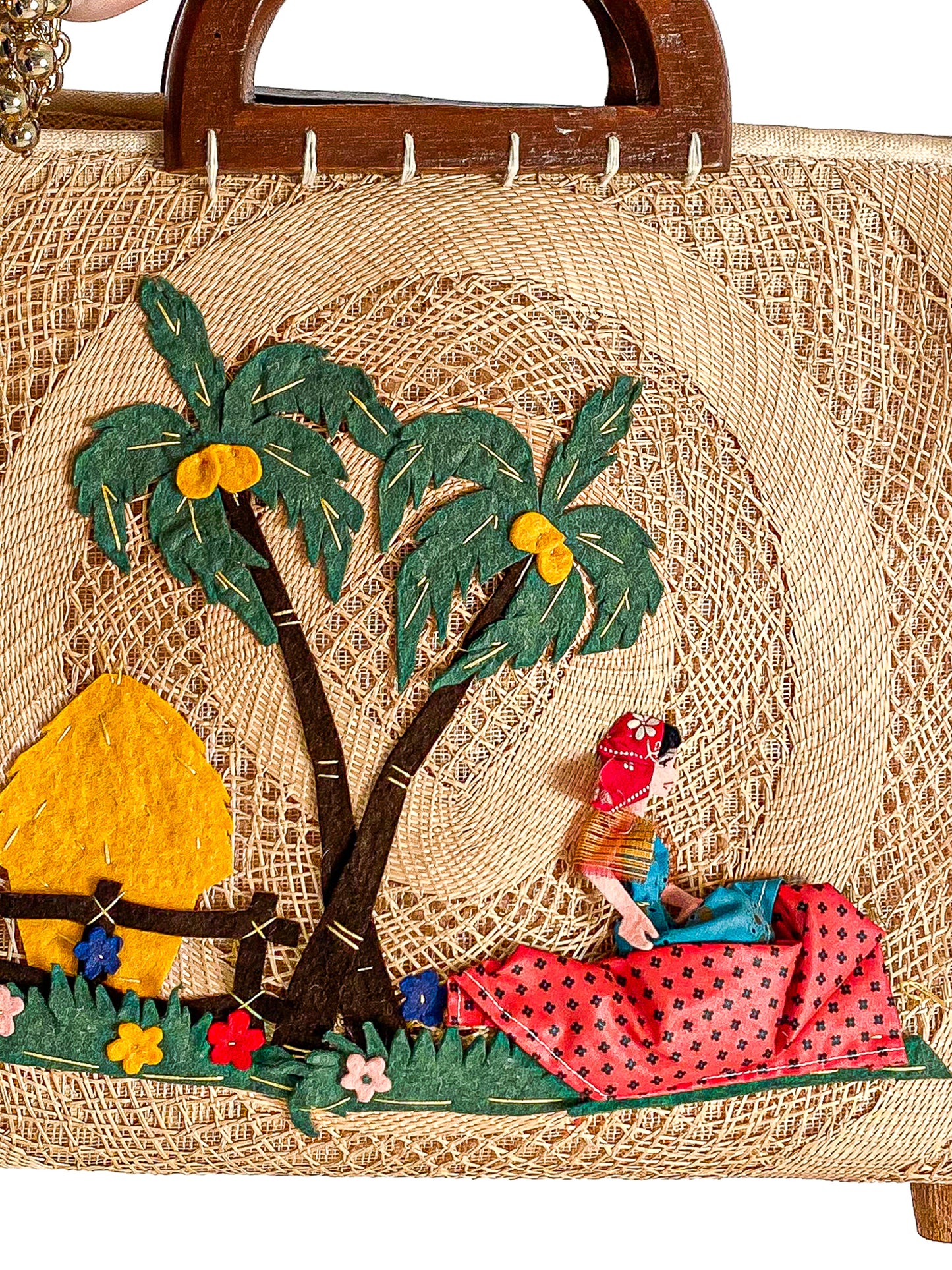 1940-50s Straw Bag Novelty Travel Scene with Felt Palm Trees and Lady