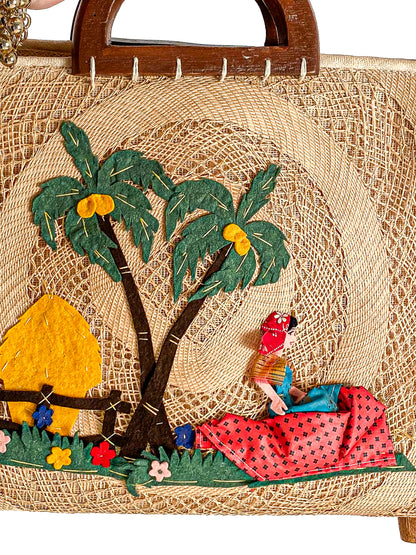 1940-50s Straw Bag Novelty Travel Scene with Felt Palm Trees and Lady