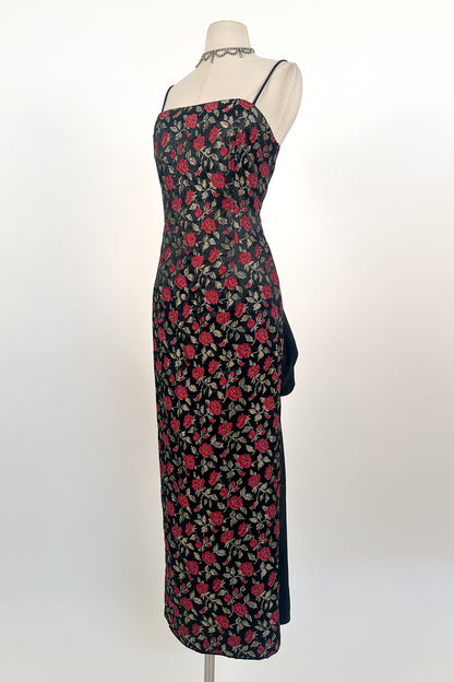 1990s Rose Print Evening Dress with Bustle / Waist 28
